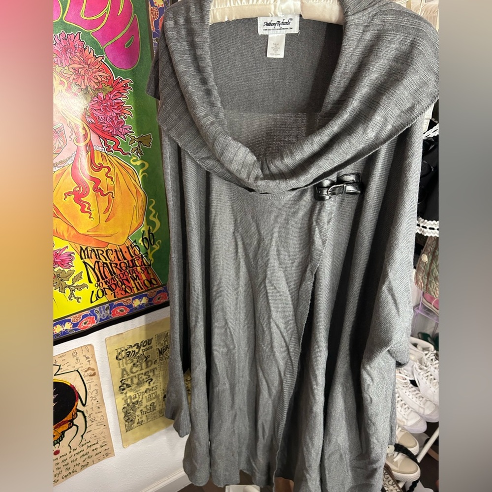 Anthony Richards off-the-shoulder wrap buckle gray sweater, fold over